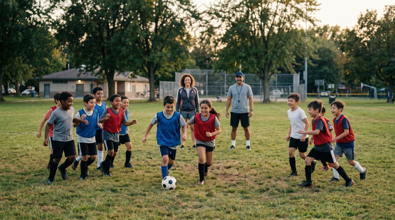 A diverse group of children playing youth sports together on a community field