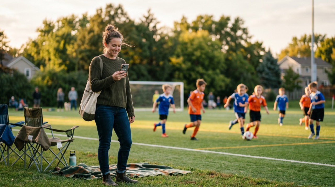 A parent on the sideline of a youth soccer field checking her phone while kids play